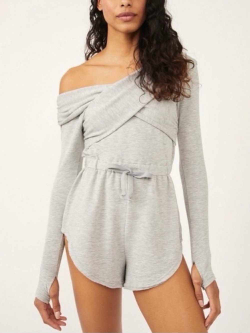 Free People Movement Off Shoulder Wrap Long Sleeve Romper Heather Gray Size L